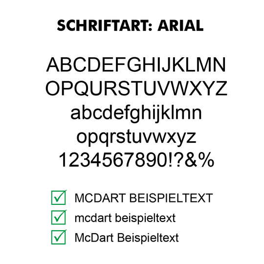 Flightdruck_Schriftart_Arial Das Bild zeigt den Schriftzug „Sicher drucken mit Arial“ und darunter einen Textblock über die Vorteile der Arial-Schriftart. Am unteren Rand sind drei grüne Häkchen mit den Stichpunkten „einfach“, „lesbar“ und „gut verfügbar“.