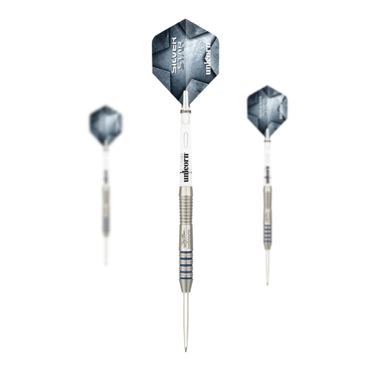 Unicorn Silver Star Var.3 Gary Anderson Steeldarts Zu sehen ist ein Set der Unicorn Silver Star Var.3 Gary Anderson Steeldarts. Die Darts liegen komplett nebeneinander und sind gut sichtbar.