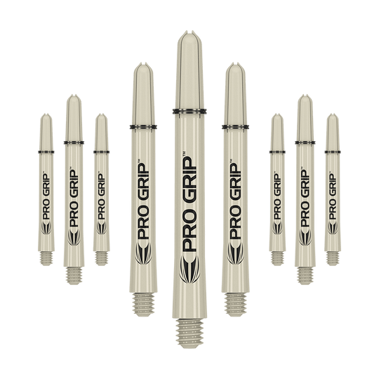 Das Bild zeigt neun beige Dartschäfte mit der Aufschrift "PRO GRIP". Sie sind in drei Reihen angeordnet und haben am Ende ein Schraubgewinde.