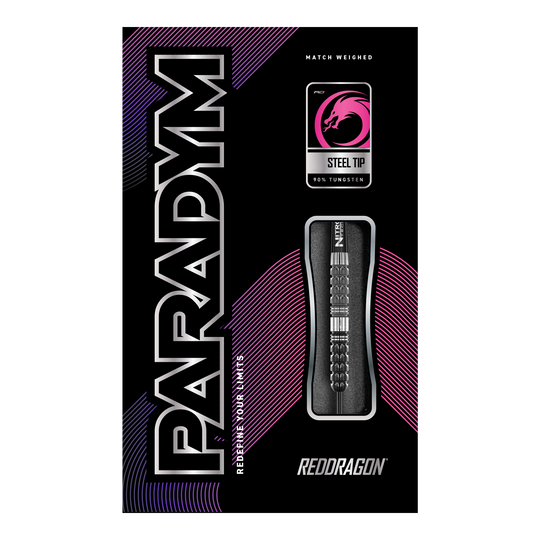 Dardos de acero cónicos Red Dragon Paradym Die Abbildung zeigt die Verpackung der "Red Dragon Paradym Tapered Steeldarts". Auf der Packung sind die Begriffe "Steel Tip", "90% Tungsten" und das Red Dragon Logo zu sehen.
