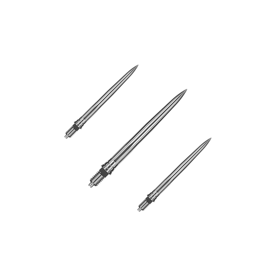 Puntas de dardo Caliburn EZ-EVO - Lisas - Plateadas Das Bild zeigt ein Set aus glatten silbernen Dartspitzen. Die Spitzen sind ordentlich nebeneinander angeordnet.