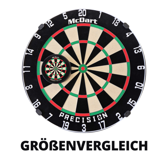 Abgebildet ist das McDart Precision Mini Dartboard mit individuellem Wunschtext. Es ist eine kleine, präzise Dartscheibe mit Halterung.