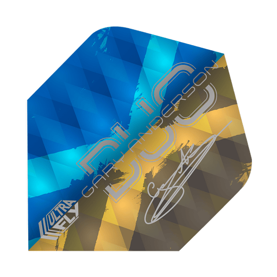 Letky Unicorn Ultrafly 100 Gary Anderson Duo Plus Das Bild zeigt ein Dart-Flight der Marke Unicorn Ultrafly 100 Gary Anderson Duo Plus. Das Flight hat ein Muster in Blau, Gelb und Braun und trägt die Unterschrift von Gary Anderson.
