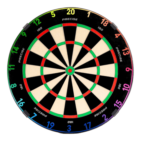 Precise 180 Endorphine Steeldartboard mit Nummernring - Spectrum Zu sehen ist das Precise 180 Endorphine Steeldartboard mit Nummernring – Spectrum. Das Dartboard ist frontal abgebildet.