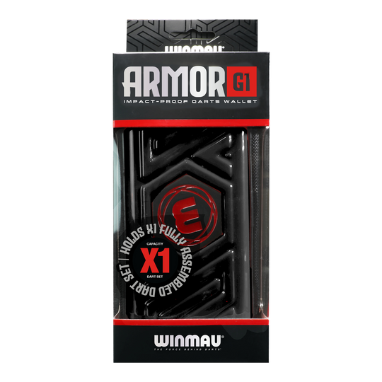Peněženka Winmau Armor G1 Dart Das Bild zeigt eine schwarze Darttasche von Winmau mit dem Namen "Armor G1". Die Verpackung betont, dass sie stoßfest ist und ein vollständig montiertes Dart-Set aufnehmen kann.