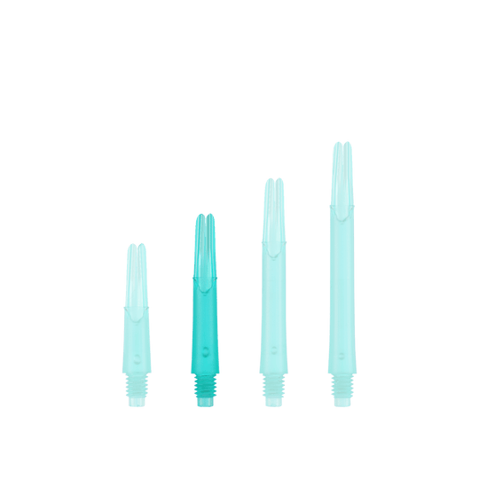 L-L-Style-Shafts Uzamčené rovné - Emerald Das Bild zeigt vier grüne, durchsichtige Dartschafts in unterschiedlichen Längen. Sie sind senkrecht und nebeneinander aufgereiht.