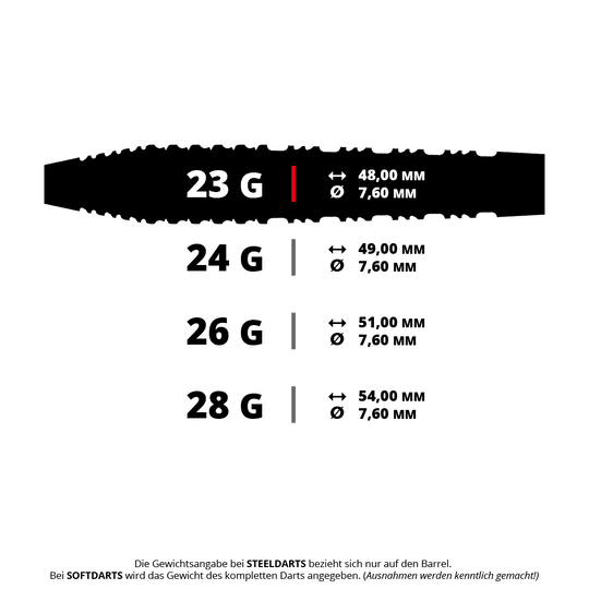 Dardos de acero Runstel de Shot Alchemy Dieses Bild zeigt einen Shot Alchemy Runstel Steeldart mit einem Gewicht von 23 Gramm. Es ist ein professioneller Dartpfeil für Steeldart-Spieler.