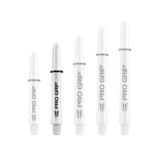 Target Pro Grip Shafts - 3 Sets - White Auf dem Bild sind fünf weiße Dart-Schäfte in verschiedenen Längen zu sehen. Sie tragen alle die Aufschrift "PRO GRIP".