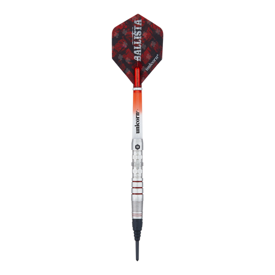 Unicorn Ballista Style 3 freccette morbide Das Bild zeigt einen Softdart der Marke "Unicorn Ballista Style 3". Der Dart hat eine silberne Spitze, ein rot-schwarzes Flight und einen metallischen Schaft mit roten Akzenten.