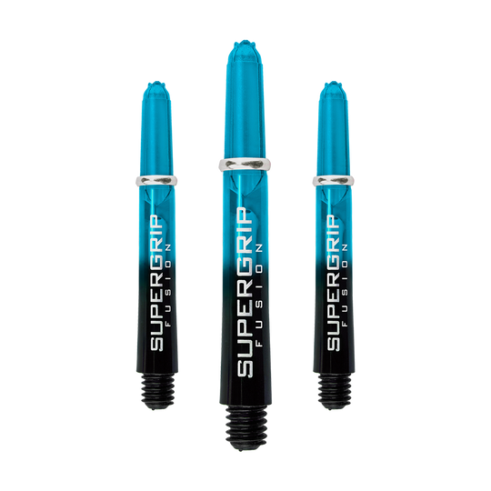 Das Bild zeigt drei Harrows Supergrip Fusion Shafts in der Farbe Aqua. Sie sind länglich und haben ein modernes, transparentes Design mit schwarzem unteren Teil.
