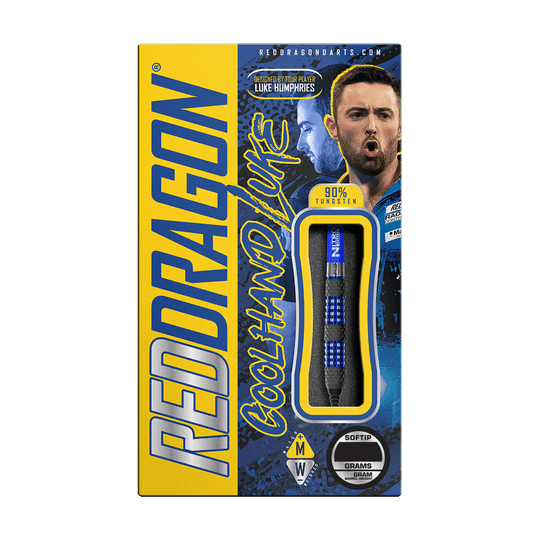 RD2563_Red_Dragon_Luke_Humphries_TX2_Atomised_Softdarts_3 Die Abbildung zeigt die Verpackung der "Red Dragon Luke Humphries TX2 Atomised Softdarts - 18g". Auf der Verpackung sind ein Bild von Luke Humphries und ein Sichtfenster mit einem Softdart zu sehen.