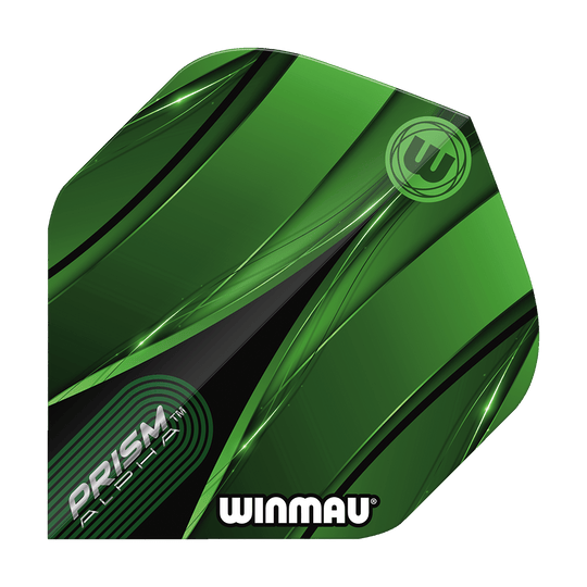 Letky Winmau Alpha Sniper Green Standard Das Bild zeigt ein Winmau Alpha Sniper Green Standard Flight für Darts. Das Flight ist überwiegend grün mit schwarzen und weißen Designelementen und trägt die Aufschriften "PRISM ALPHA" und "WINMAU".