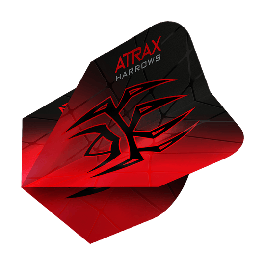 Voli Atrax Prime No6 di Harrow Das Bild zeigt das Produkt "Harrows Atrax Prime No6 Flights". Die Dartflight ist rot und schwarz mit einem markanten, grafischen Muster und dem Schriftzug "ATRAX HARROWS".