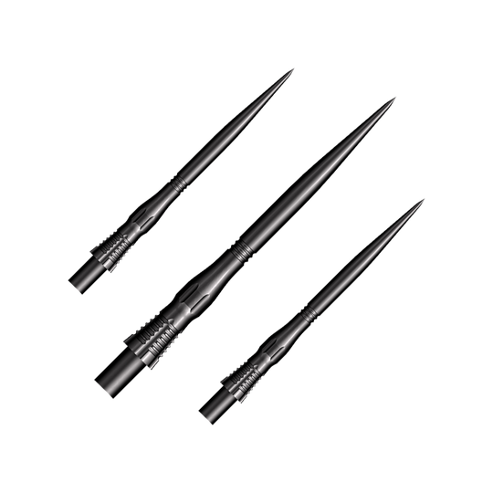 Ocelové hroty na šipky Shot Cone Scallop - černé - 35 mm Das Bild zeigt drei schwarze Steeldart-Spitzen des Modells "Shot Cone Scallop" mit einer Länge von 35 mm. Sie sind lang, schmal und haben ein markantes, geriffeltes Design am Schaft.