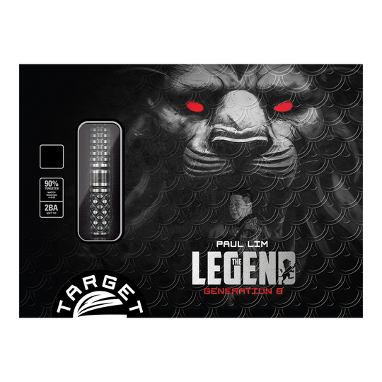 Target Japan Paul Lim The Legend GEN8 Fléchettes souples - 19 g Auf dem Bild ist die Verpackung der "Target Japan Paul Lim The Legend GEN8 Softdarts - 19g" zu sehen. Im Hintergrund ist ein Löwengesicht mit leuchtend roten Augen abgebildet.