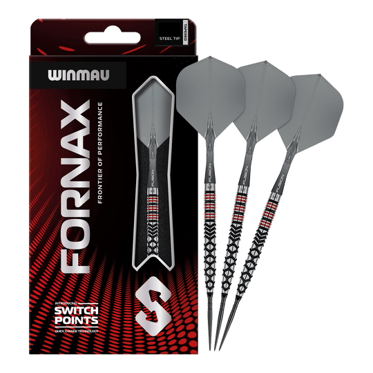 Das Bild stellt die Winmau Fornax Tapered Switch Point Steeldarts dar. Sie sind hochwertige Steeldarts für ambitionierte Spieler.