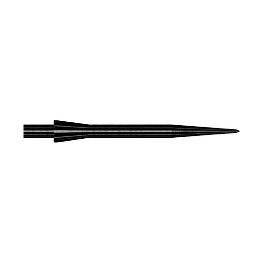 Punte per freccette in acciaio Winmau Velocity Black - 30 mm Das Bild zeigt eine schwarze Steeldartspitze des Modells Winmau Velocity mit einer Länge von 30 mm. Die Spitze ist schmal, gerade und aus Metall gefertigt.