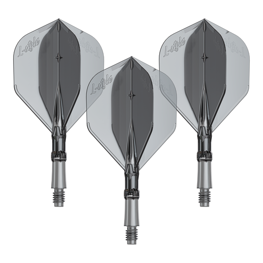 L-Style L-Sytem Flights - Clear Black-190 Das Bild zeigt ein Produkt mit dem Namen LS1062_LStyle_L-System_Flights_ClearBlack_Small_190_1Set. Es handelt sich um ein Dartzubehör.
