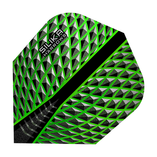 HR57_Harrows_Silika_Green_No6_Flights_1QhWCLSDj2sf9o Harrows Silika No6 Flights mit grafischem Muster. Die Flights sind als Gruppe zu sehen.