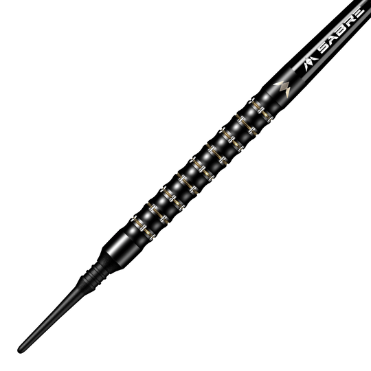 Das Bild zeigt einen Mission Mike De Decker MDD Black Gold Softdart mit einem Gewicht von 20g. Der Dart ist schwarz-gold und hat eine strukturierte Griffzone für besseren Halt.