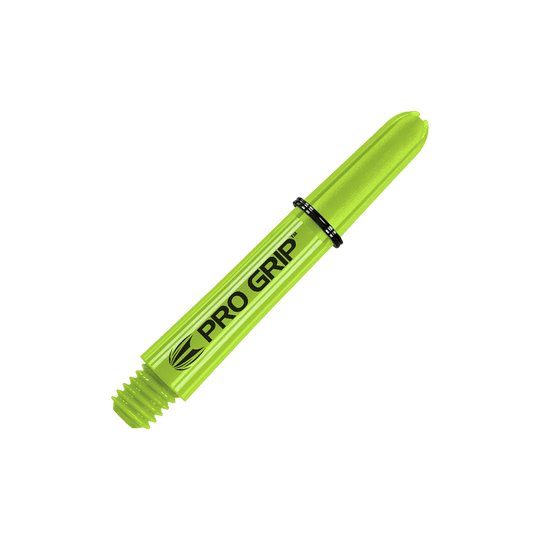 Target Pro Grip Shafts - 3 sady - Lime Green Das Bild zeigt einen limegrünen Dartshaft mit der Aufschrift "PRO GRIP". Der Schaft hat ein Schraubgewinde an einem Ende und ist 34 mm lang.