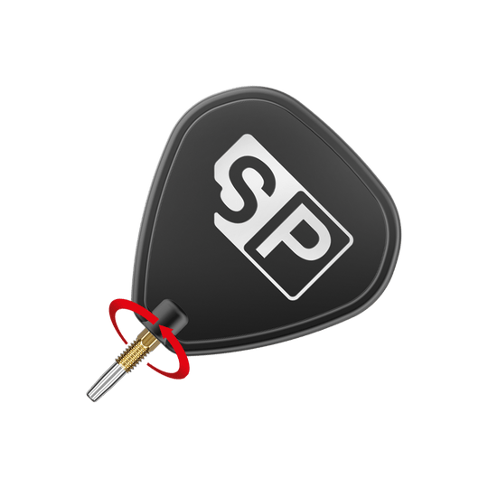 Target Swiss Point Chrono Dartspitzen - Gold Das Bild zeigt eine schwarze Dartspitze mit den weißen Buchstaben "SP" darauf. Ein roter Pfeil deutet auf eine Drehbewegung an der goldenen Schraubverbindung hin.