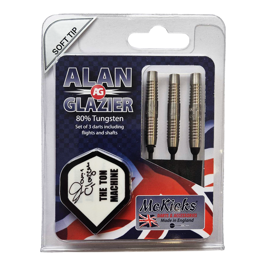 McKicks Alam Glazier Shark Machine Softdarts Das Bild zeigt eine Verpackung mit drei Softdarts der Marke "McKicks Alan Glazier Shark Machine". Die Darts bestehen zu 80% aus Tungsten und werden inklusive Flights und Shafts geliefert.