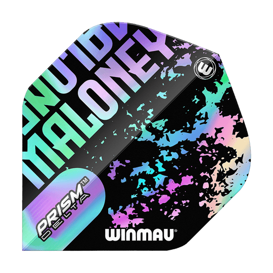Vuelos estándar de Winmau Prism Delta Mike Maloney Das Bild zeigt ein Winmau Prism Delta Mike Maloney Standard Flight für Darts. Das Flight hat ein auffälliges, buntes Design mit dem Namen "Maloney" und dem Winmau-Logo.