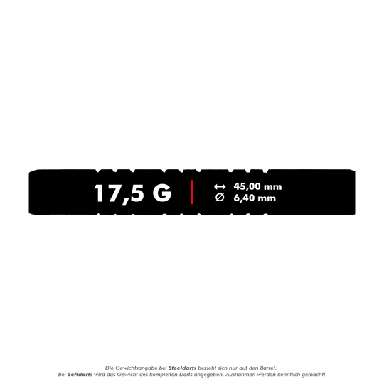 Dardos blandos McDart 85 Tungsten V11 - 17,5 g Das Bild zeigt die Produktangaben der McDart 85er Tungsten V11 Softdarts mit einem Gewicht von 17,5 g. Die Darts haben eine Länge von 45,00 mm und einen Durchmesser von 6,40 mm.