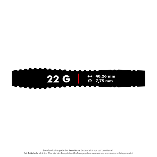 2452_Winmau_Dennis_Priestley_Special_Edition_Softdarts_5_22g Das Bild zeigt die Produktinformationen der "Winmau Dennis Priestley Special Edition Softdarts - 22g". Der Dart wiegt 22 Gramm, ist 48,26 mm lang und hat einen Durchmesser von 7,75 mm.