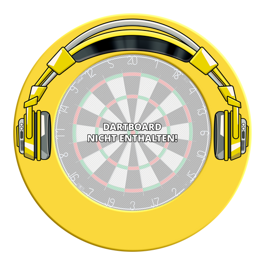Das Bild stellt ein Dartboard-Surround in Gelb mit schwarzem Rand dar. Es wird das Modell 'MSF-J6_McDart_Stereo_Dartboard_Surround_Gelb_3' präsentiert.