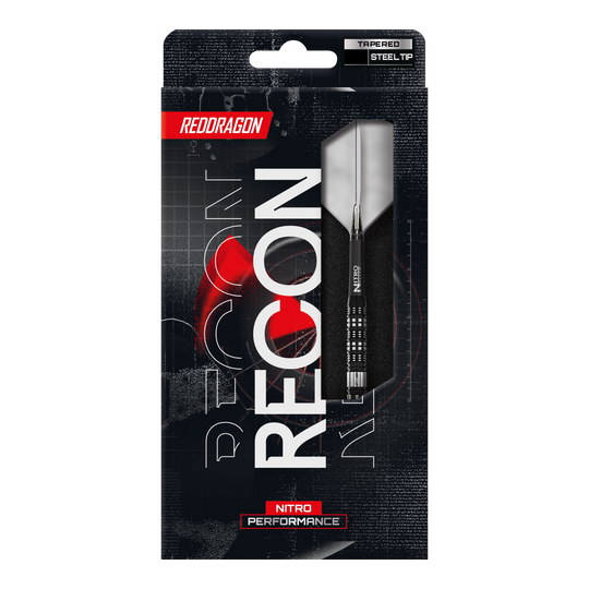 Red Dragon Recon Tapered Steeldarts. Hier sieht man das Design der konisch zulaufenden Steeldarts.