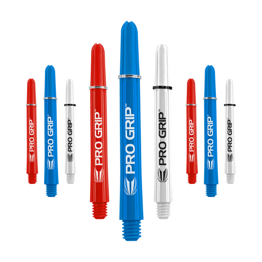 Target Pro Grip Shafts - 3 Sets - Red Blue White Das Bild zeigt neun Dart-Shafts in den Farben Blau, Rot und Weiß. Auf jedem Shaft steht der Schriftzug "PRO GRIP" mit einem kleinen Logo darunter.