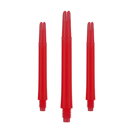 L-L-Style-Shafts Locked Straight - Red Auf dem Bild sind drei rote, gerade Dartschäfte ohne Kappen zu sehen. Sie sind nebeneinander angeordnet, wobei der mittlere etwas länger erscheint als die beiden äußeren.