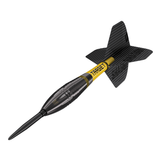 Dardos de acero Target Scott Williams Shaggy Black Swiss Point Das Bild zeigt den Target Scott Williams Shaggy Black Swiss Point Steeldart. Der Dart hat ein schwarzes Design mit gelben Akzenten und einer schwarzen Flights.