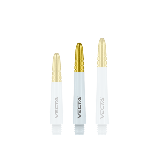 Winmau Vecta Shafts - Weiß Gold Auf dem Bild sind drei Dart-Schäfte in unterschiedlicher Länge zu sehen. Sie sind weiß mit einer goldenen Spitze und tragen die Aufschrift "VECTA".