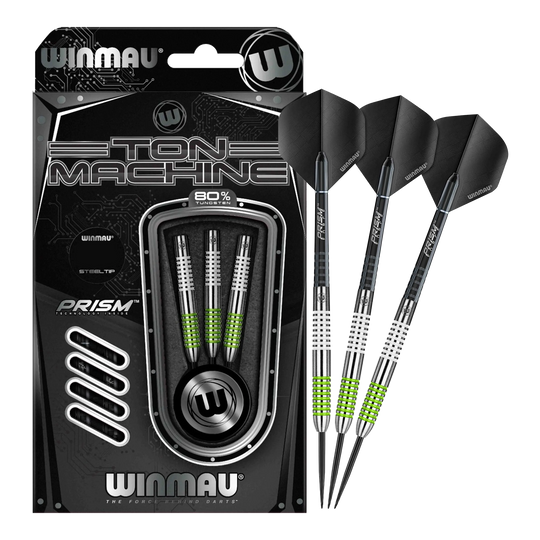 Winmau Ton Machine Steeldarts Das Bild zeigt das Set der Winmau Ton Machine Steeldarts in voller Ansicht. Diese Steeldarts sind ideal für Dartliebhaber.