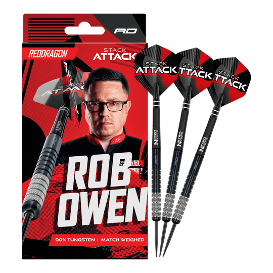 Red Dragon Rob Owen Stack Attack Steeldarts - 22g ist ein Set hochqualitativer Dartpfeile in 22 Gramm. Das Produkt bietet Präzision und ist für Turniere geeignet.