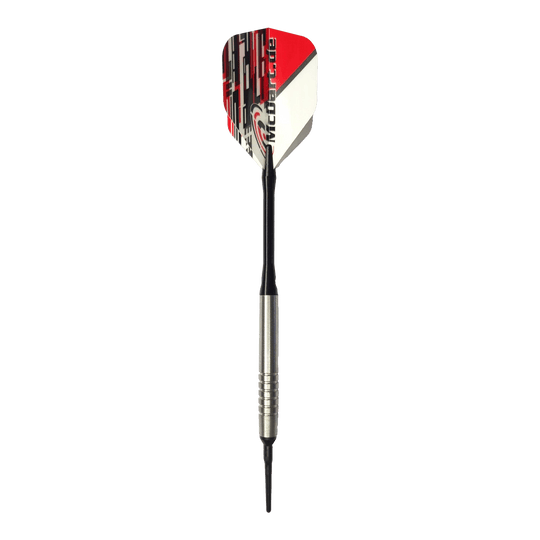 McDart 85er Tungsten V14 Softdarts - 17g Das Bild zeigt einen McDart 85er Tungsten V14 Softdart mit einem Gewicht von 17 Gramm. Der Dart hat eine silberne Spitze, einen schwarzen Schaft und eine rot-weiße Flights.