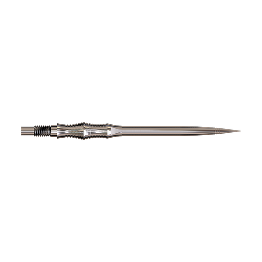 Apex Spire Silver Elite Serie Dartspitzen in 40mm werden gezeigt. Die Spitzen sind silberfarben.