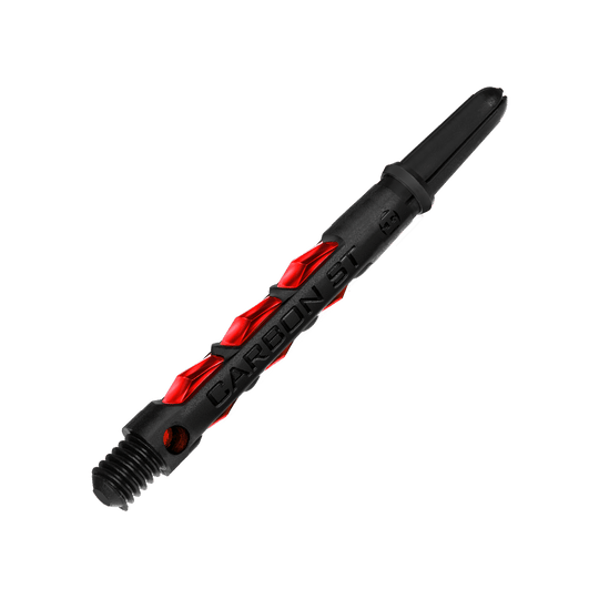 Das Bild zeigt einen Harrows Carbon ST Shafts in der Farbe Rot. Der Schaft besteht aus schwarzem Material mit auffälligen roten Akzenten.