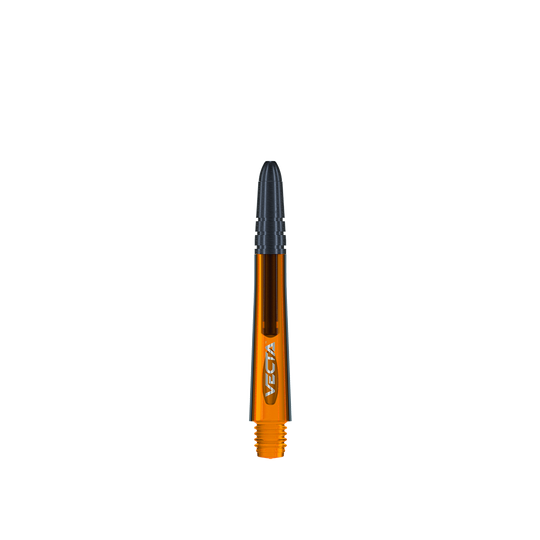 7025-110_Winmau_Vecta_Shafts_Orange_40mm_1wZCko09Lf6WbJ Das Bild zeigt einen orangefarbenen Winmau Vecta Shaft mit einer Länge von 37 mm. Der Shaft hat ein schwarzes Spitzenende und das Wort "Vecta" ist darauf zu sehen.