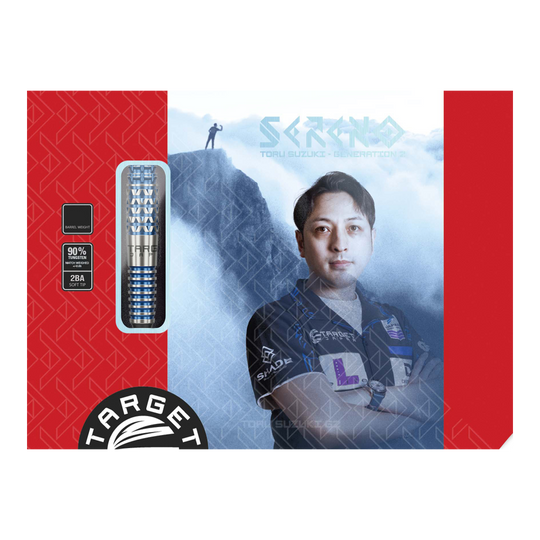Die Verpackung zeigt das Produkt "Target Japan Toru Suzuki Sereno GEN2 Softdarts - 20g". Auf der Vorderseite ist ein Bild von Toru Suzuki sowie die Darts und Produktinformationen abgebildet.