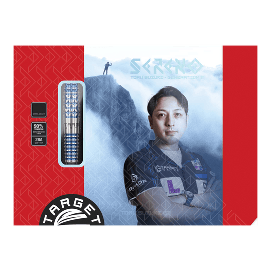 Fléchettes souples Target Japan Toru Suzuki Sereno GEN2 - 20 g Die Verpackung zeigt das Produkt "Target Japan Toru Suzuki Sereno GEN2 Softdarts - 20g". Auf der Vorderseite ist ein Bild von Toru Suzuki sowie die Darts und Produktinformationen abgebildet.