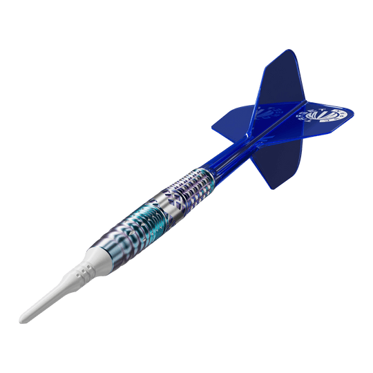 Dardos blandos Target Japan Cathy Leung Charis GEN5 - 19 g Das Bild zeigt einen Softdart mit einem silber-blauen, metallischen Schaft und einer weißen Spitze. Die Flights am Ende des Darts sind blau und tragen ein weißes Logo.