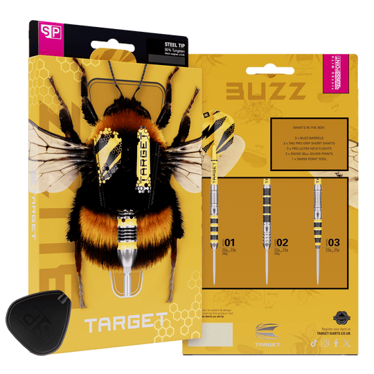 Target Buzz 03 Swiss Points Steeldarts Hier sind die Target Buzz 03 Swiss Points Steeldarts abgebildet. Die Steeldarts überzeugen mit hoher Qualität.