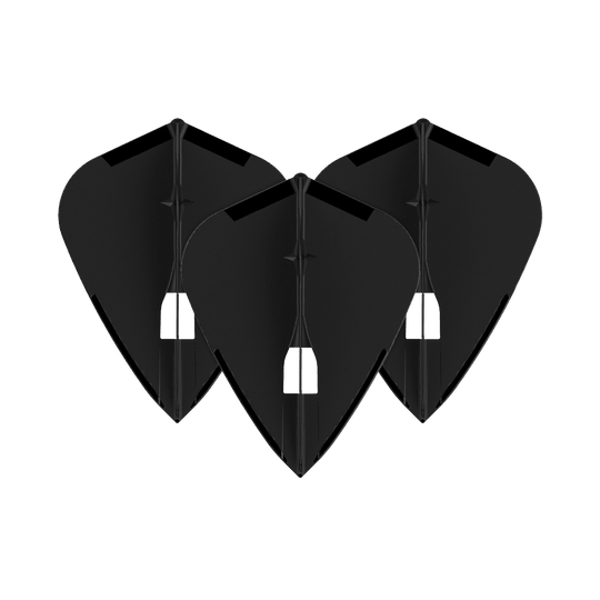 L-Style Champagne L4PRO Kite Flights Das Bild zeigt drei schwarze Dartflights in einer speziellen Kite-Form. Sie sind nebeneinander angeordnet und haben eine glatte, einfarbige Oberfläche.