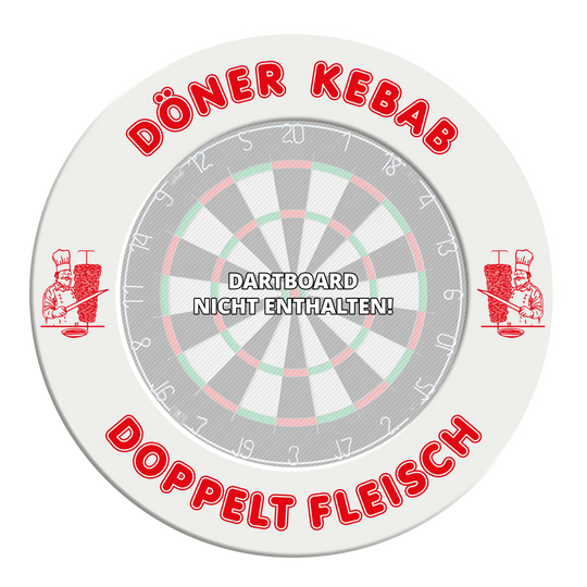McDart Döner Kebab Dartboard Surround - With Custom Text Das Bild zeigt das McDart Dartboard Surround Döner mit personalisierbarem Text. Es handelt sich um einen Schutzring für Dartscheiben.