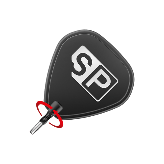 Puntas de dardos Target Swiss Point Chrono - Negras Das Bild zeigt eine schwarze Dartspitze mit dem weißen Logo "SP" darauf. Eine rote Pfeilmarkierung deutet eine Drehbewegung zum Anbringen oder Entfernen der Spitze an.