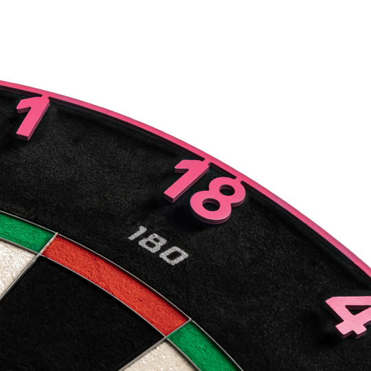 Precise 180 Endorphine Steeldartboard mit Nummernring - Cyber Pink Gezeigt wird das Precise 180 Endorphine Steeldartboard mit Nummernring in Cyber Pink. Das Dartboard ist ideal für Turniere oder den Heimgebrauch.